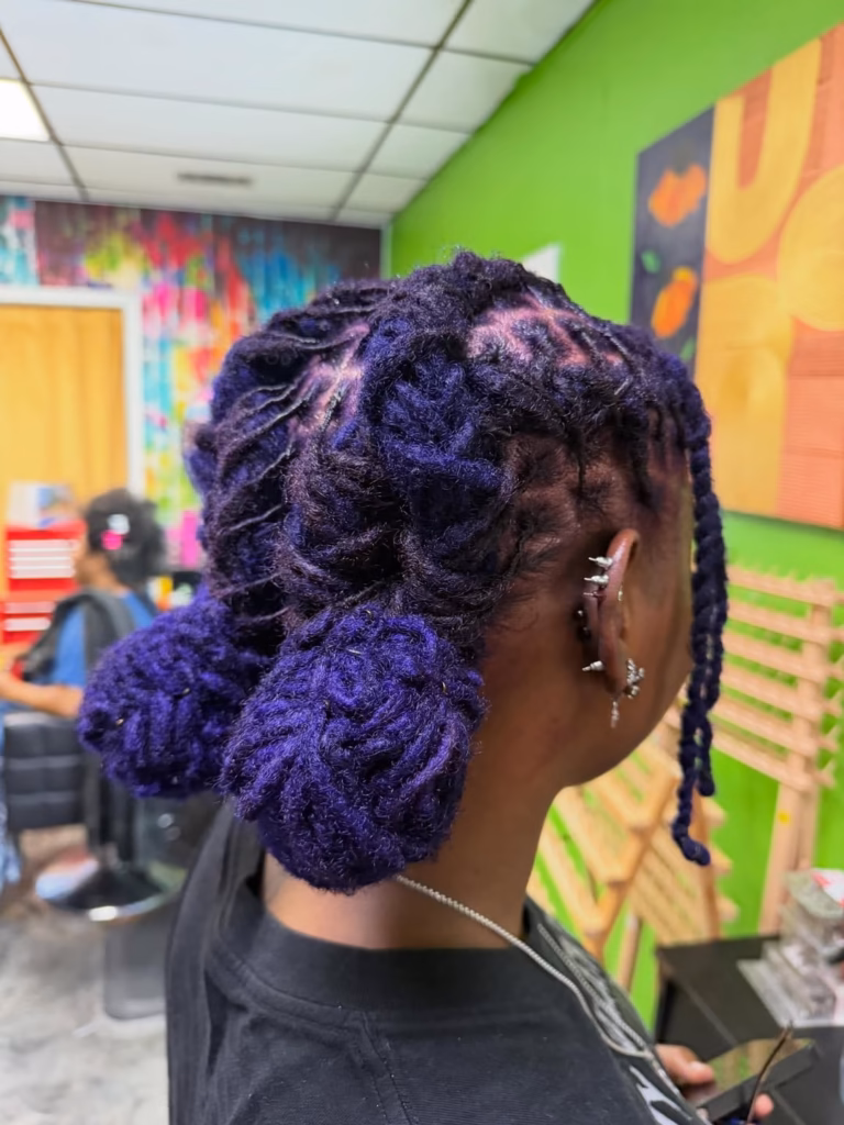 Deep Purple Locs Styled into Double Buns