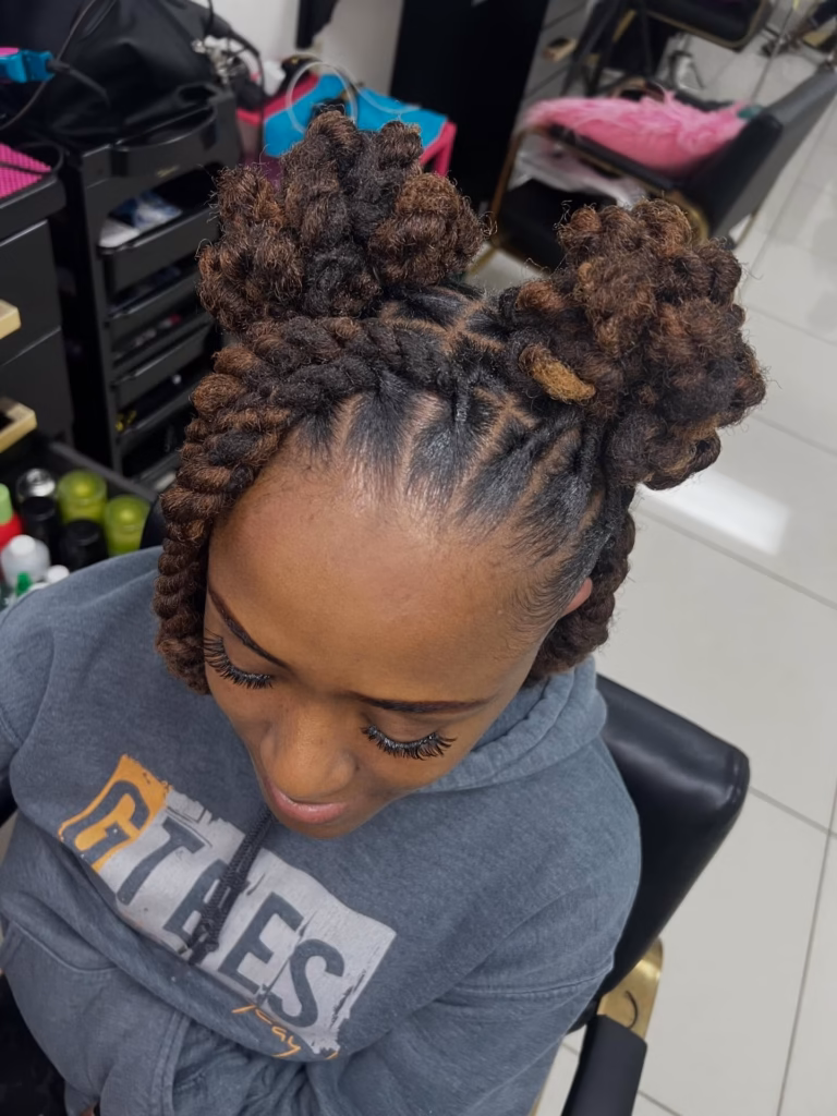 Double Bun Updo with Rich Auburn Locs