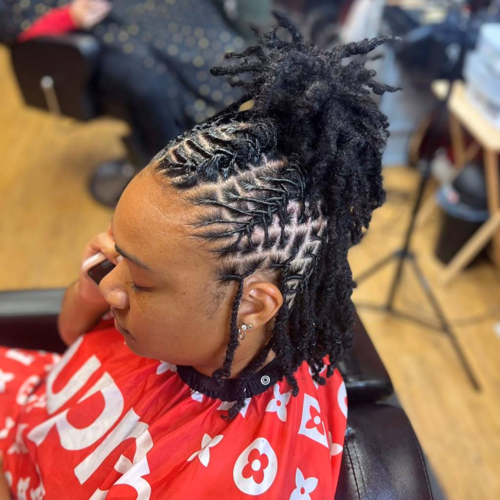 Fanned Fishbone Half Up with Spiked Top Locs