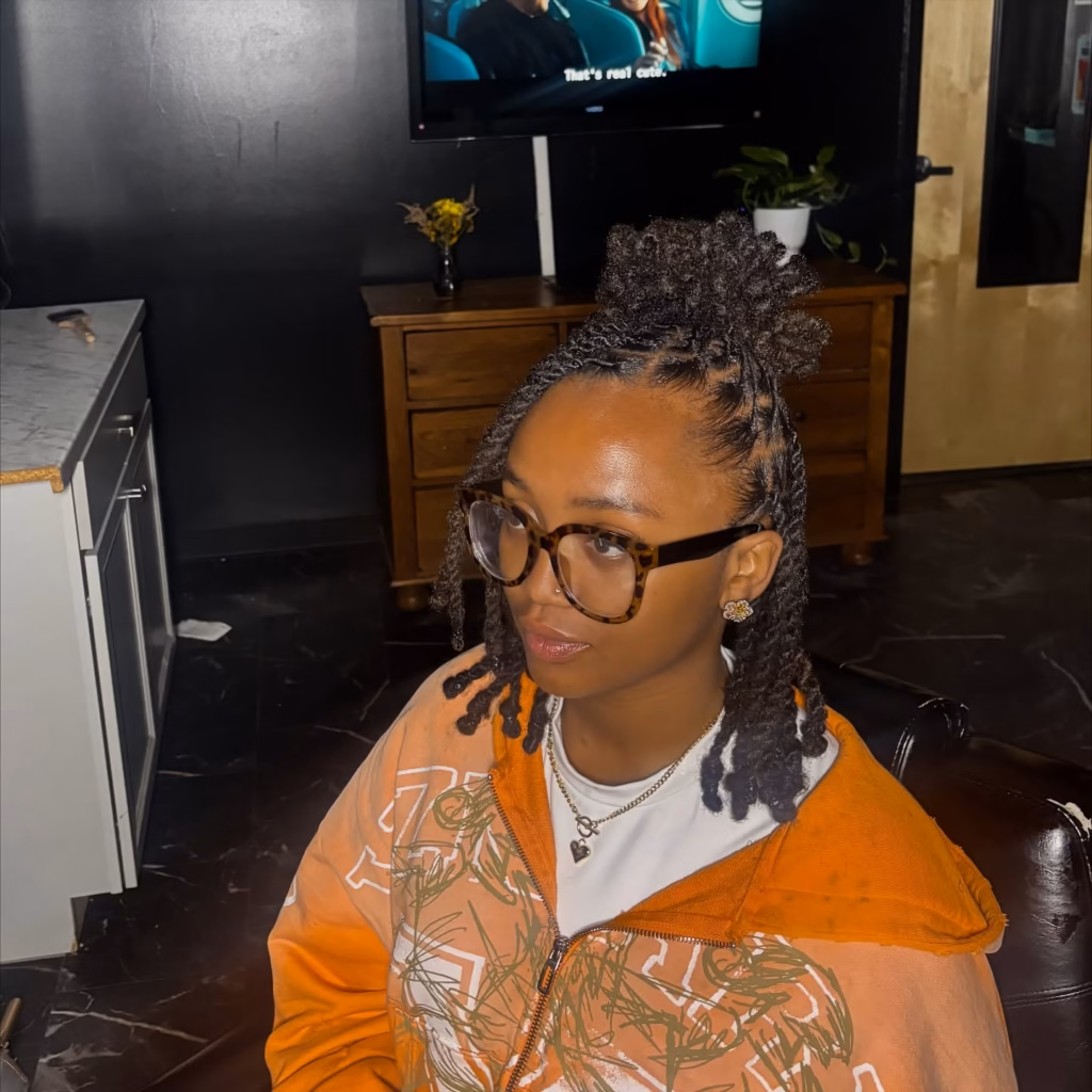 Frizzy Curled Puff Half Up with Salt and Pepper Locs