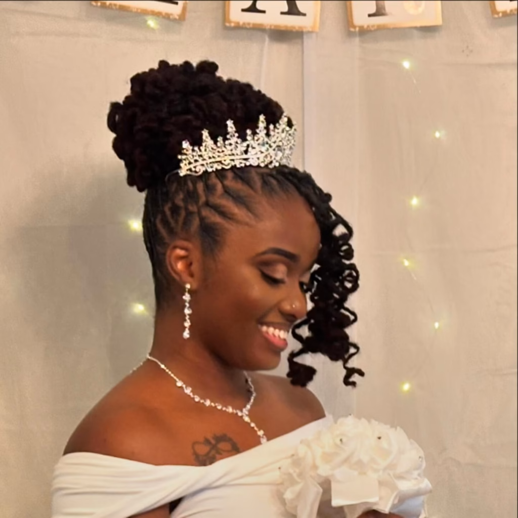 High Bun Updo with Curly Halo Locs and Tiara