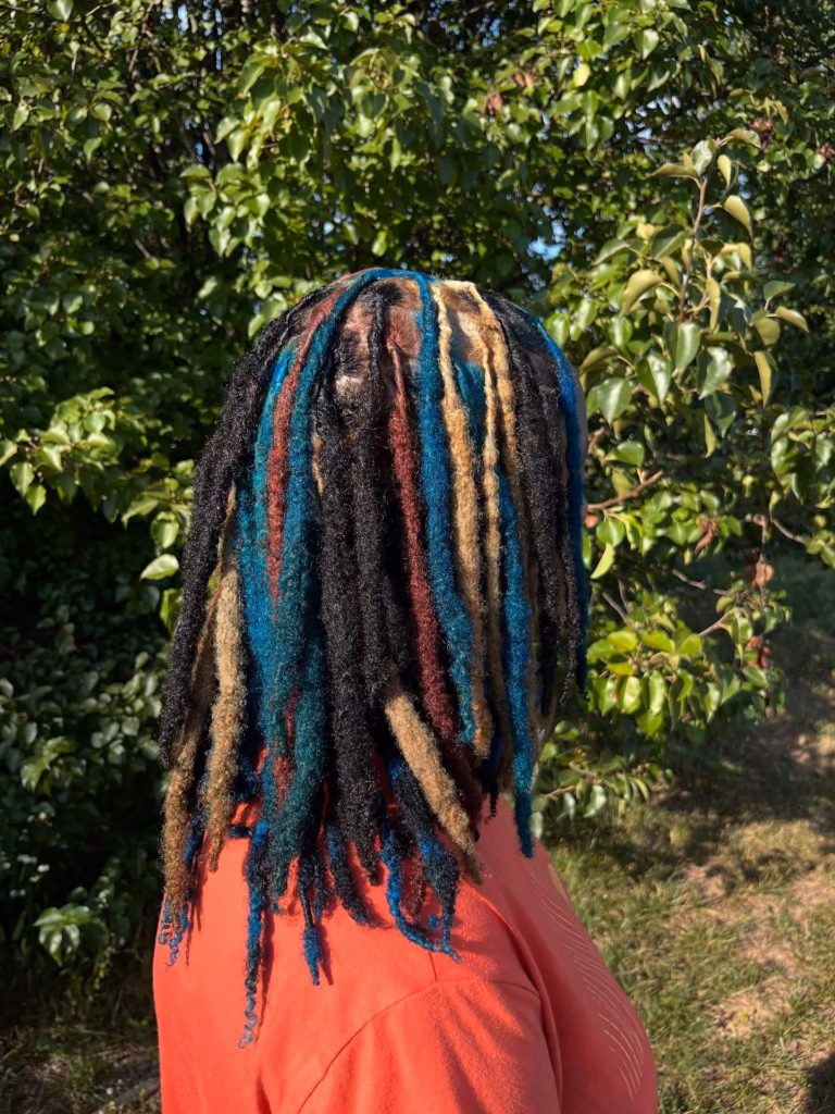 Multicolor Locs in Black, Teal, Burgundy, and Tan