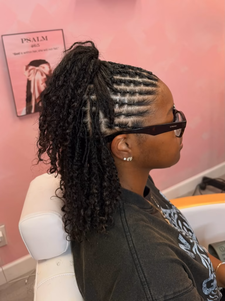 Sleek Cornrowed Half Up with Curly Loc Ponytail