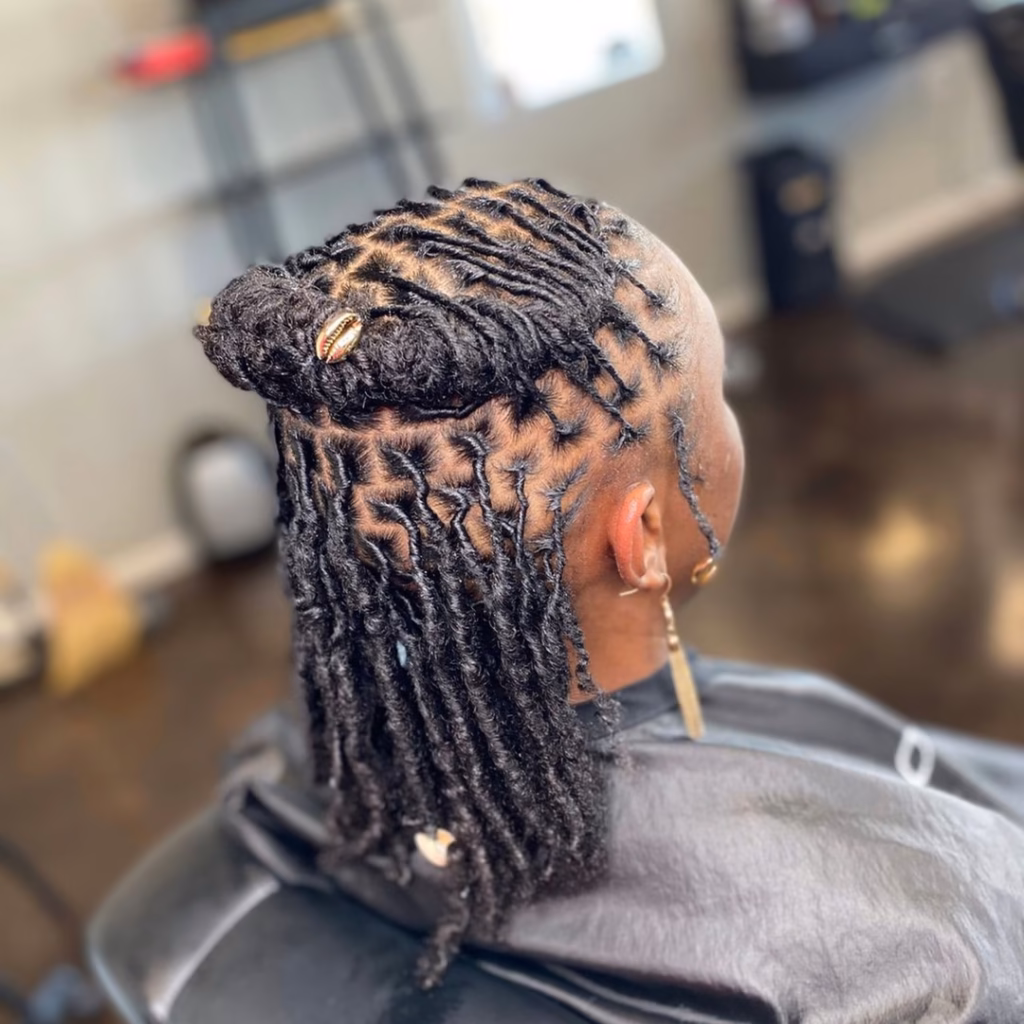 Small Loop Half Up with Cowrie Shell Accent