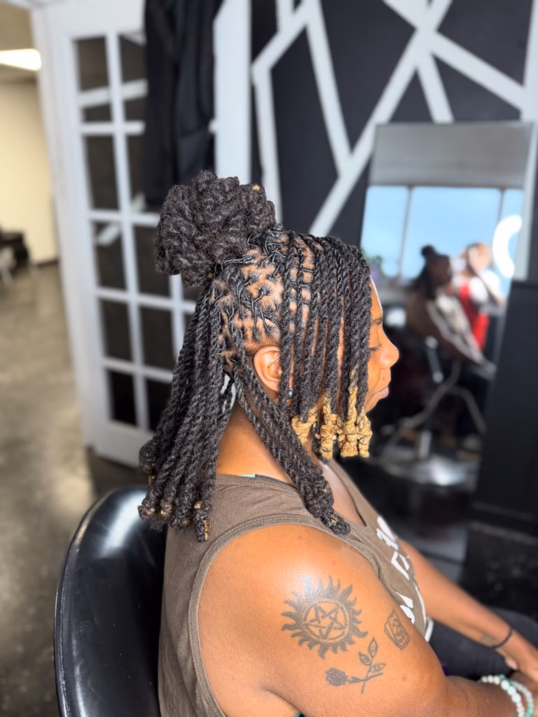 Twisted Bun Half Up with Gold Thread Wrapped Ends